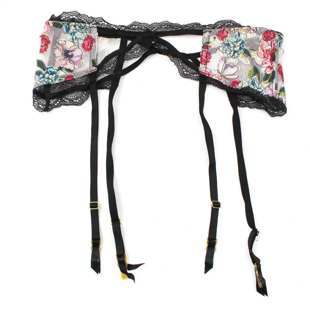 Victoria’s Secret Garter Belt Floral Lace Cutout Sheer Mesh M/L Gold Hardware - Picture 5 of 11